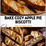 Golden Apple Pie Sourdough Biscotti with spiced apple cider glaze on a rustic fall table.